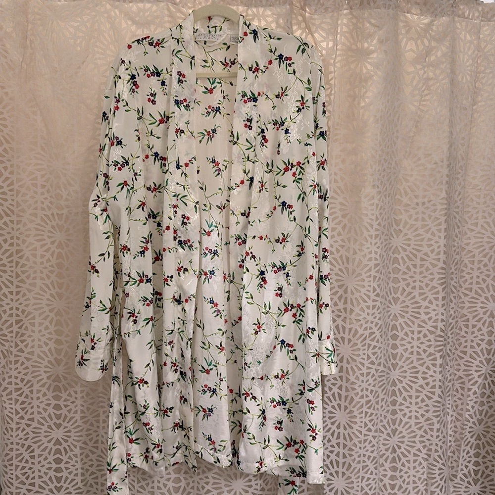🌿 Vintage Erika Taylor Floral Satin Robe L Long Jacquard Dressing Gown